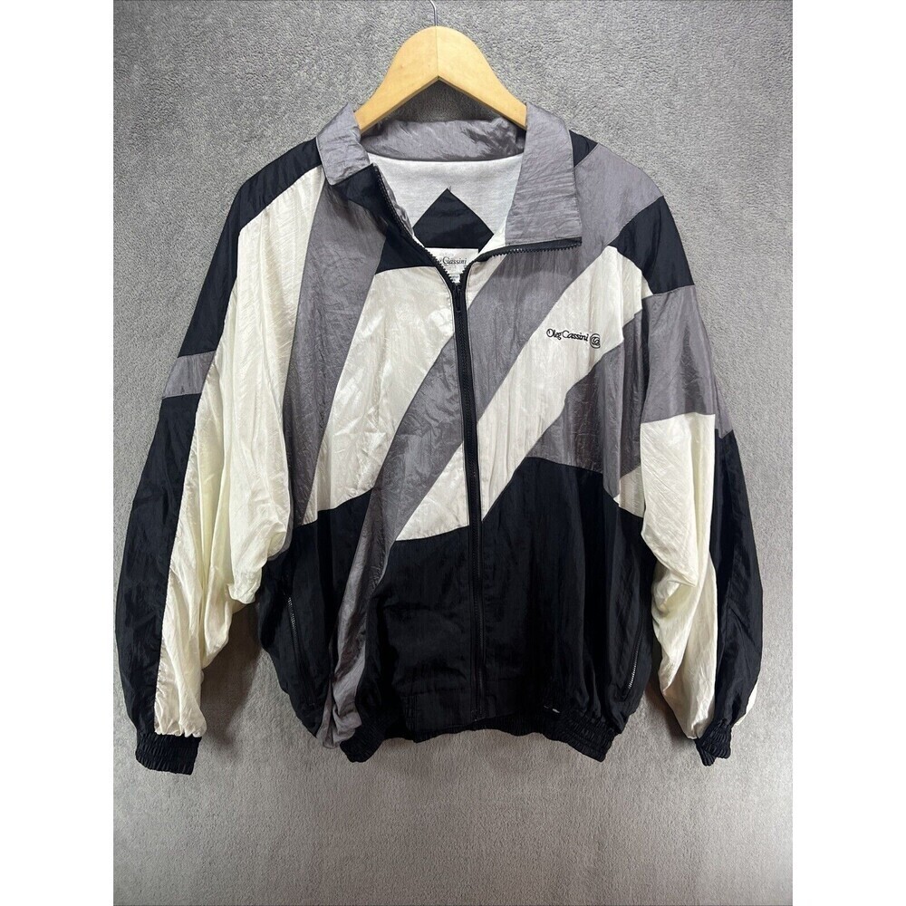 Vtg Oleg Cassini Lined Jacket Black White Gray Windbreaker Size XL‎ 80s